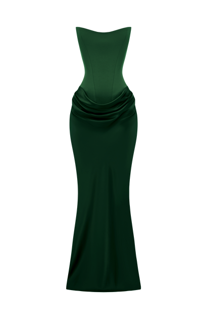 Green strapless corset dress displayed flat on a white background, showing the draped skirt 36