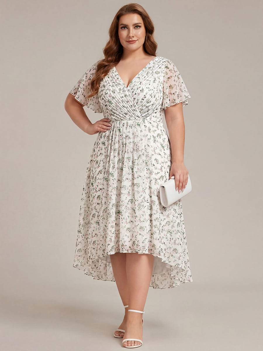 Chiffon High Low Wedding Guest Dress with V Neck and Short Sleeves 171