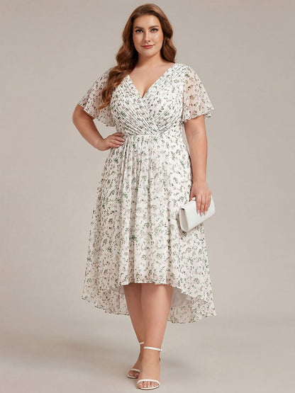 Chiffon High Low Wedding Guest Dress with V Neck and Short Sleeves 171