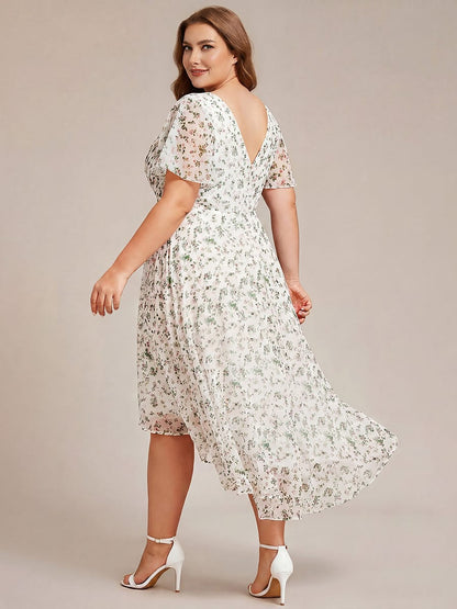 Chiffon High Low Wedding Guest Dress with V Neck and Short Sleeves 172