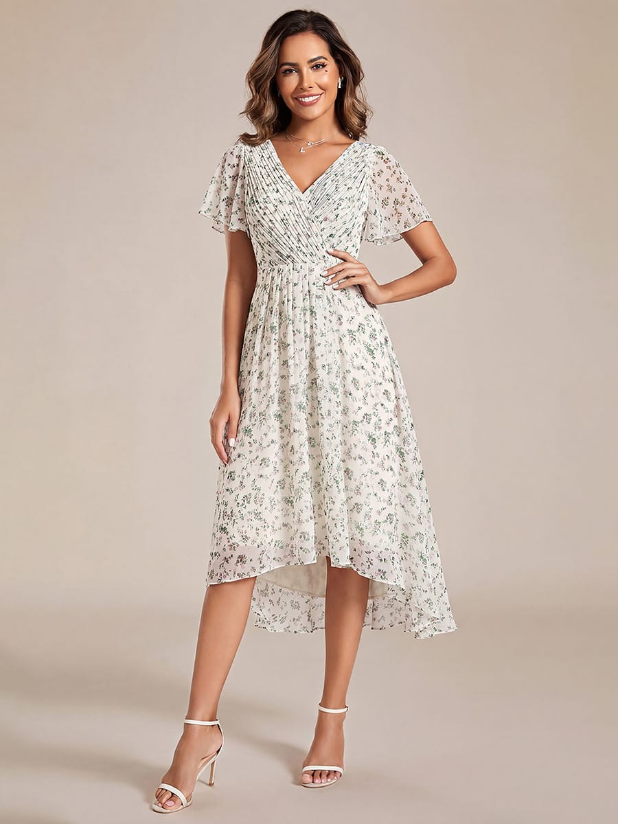 Chiffon High Low Wedding Guest Dress with V Neck and Short Sleeves 168