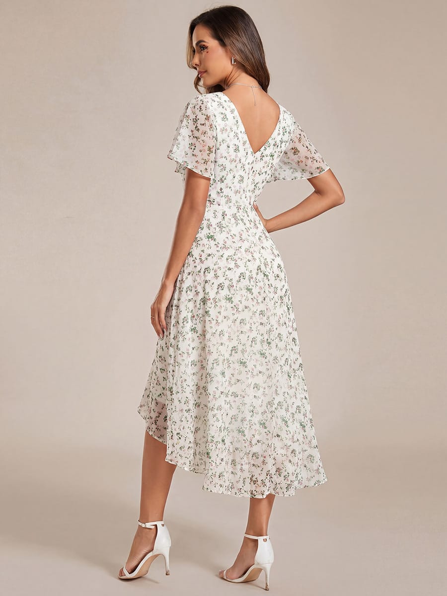 Chiffon High Low Wedding Guest Dress with V Neck and Short Sleeves 169