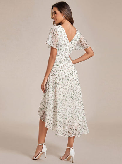 Chiffon High Low Wedding Guest Dress with V Neck and Short Sleeves 169
