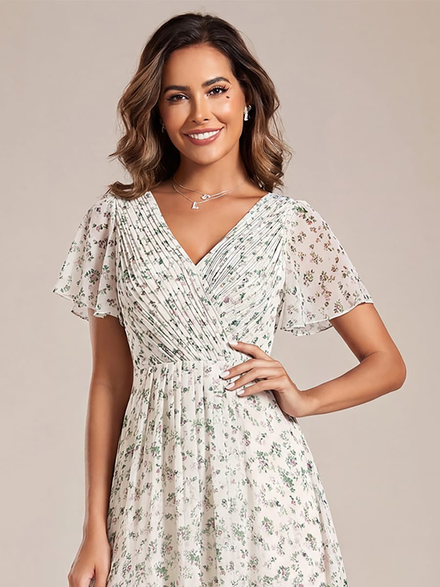 Chiffon High Low Wedding Guest Dress with V Neck and Short Sleeves 170