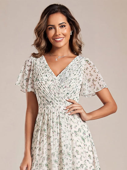 Chiffon High Low Wedding Guest Dress with V Neck and Short Sleeves 170