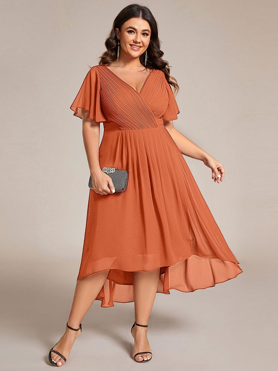 Chiffon High Low Wedding Guest Dress with V Neck and Short Sleeves 165