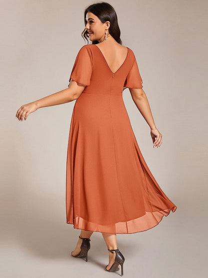 Chiffon High Low Wedding Guest Dress with V Neck and Short Sleeves 166