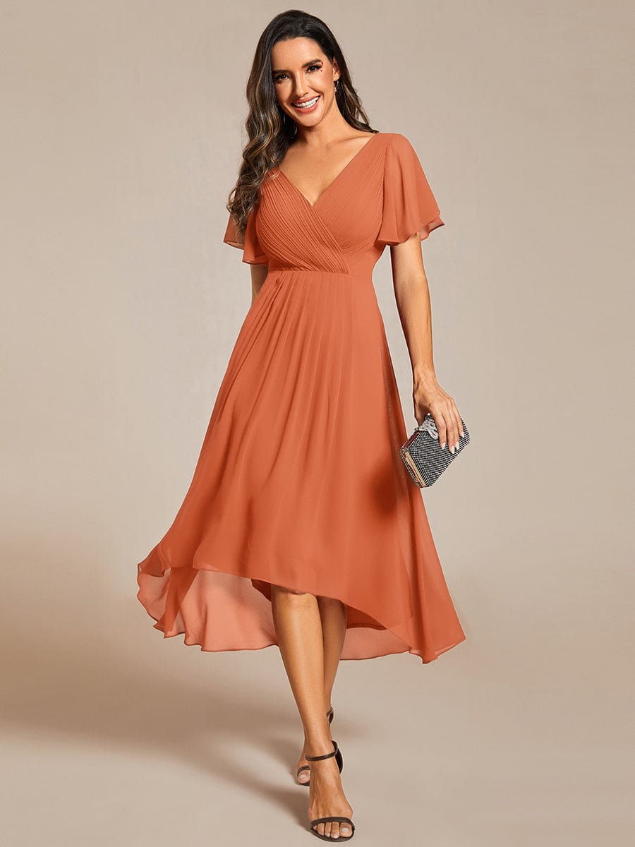 Chiffon High Low Wedding Guest Dress with V Neck and Short Sleeves 162