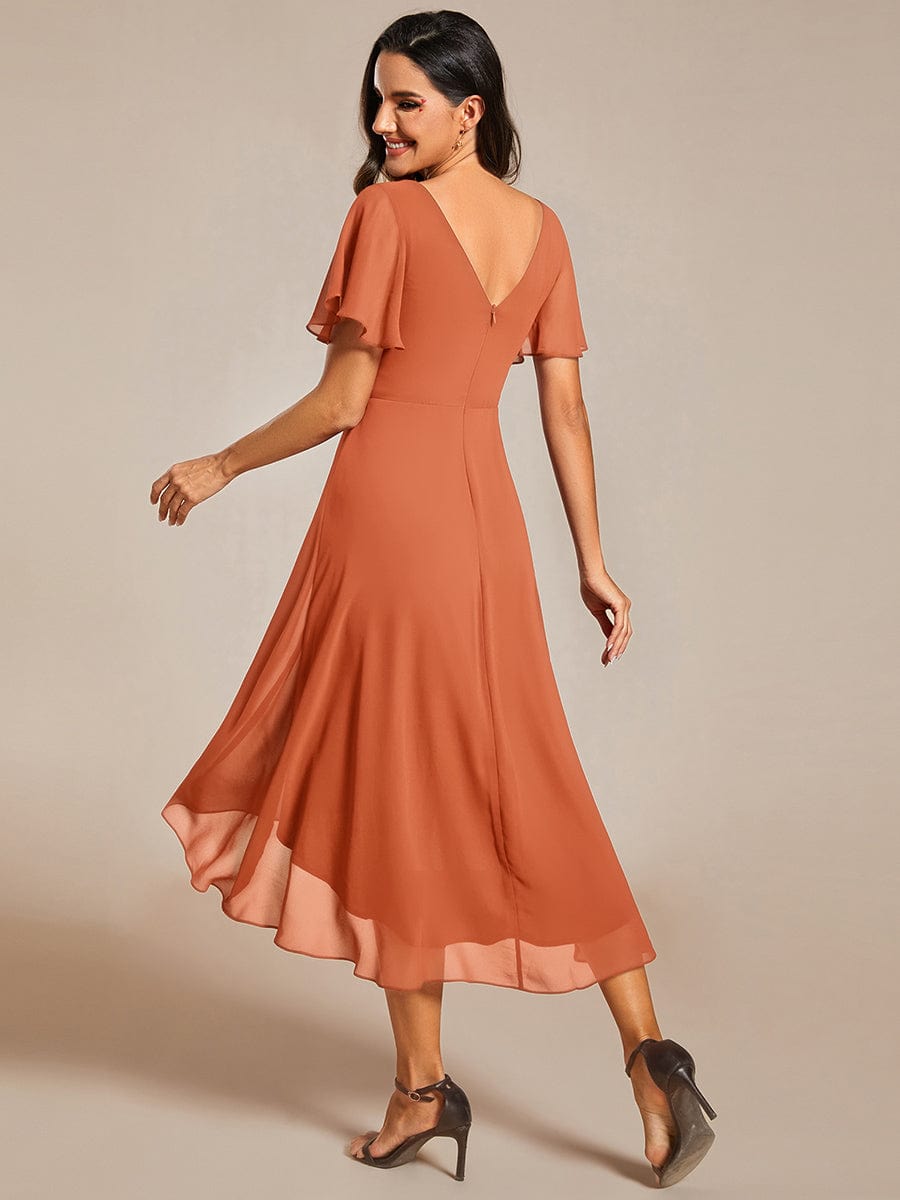 Chiffon High Low Wedding Guest Dress with V Neck and Short Sleeves 163