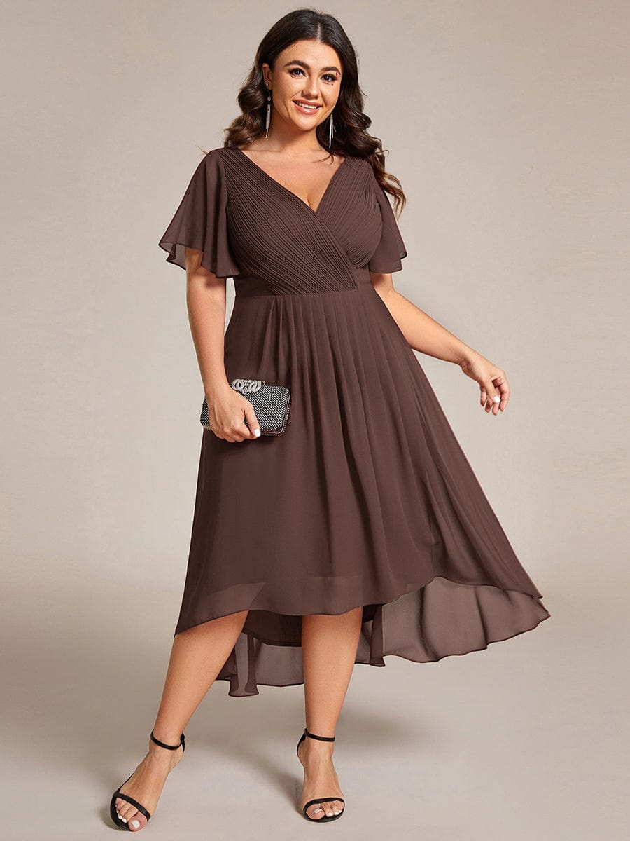 Chiffon High Low Wedding Guest Dress with V Neck and Short Sleeves 159