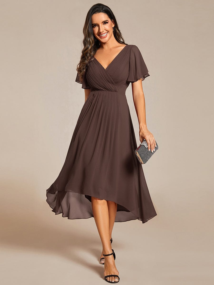 Chiffon High Low Wedding Guest Dress with V Neck and Short Sleeves 156