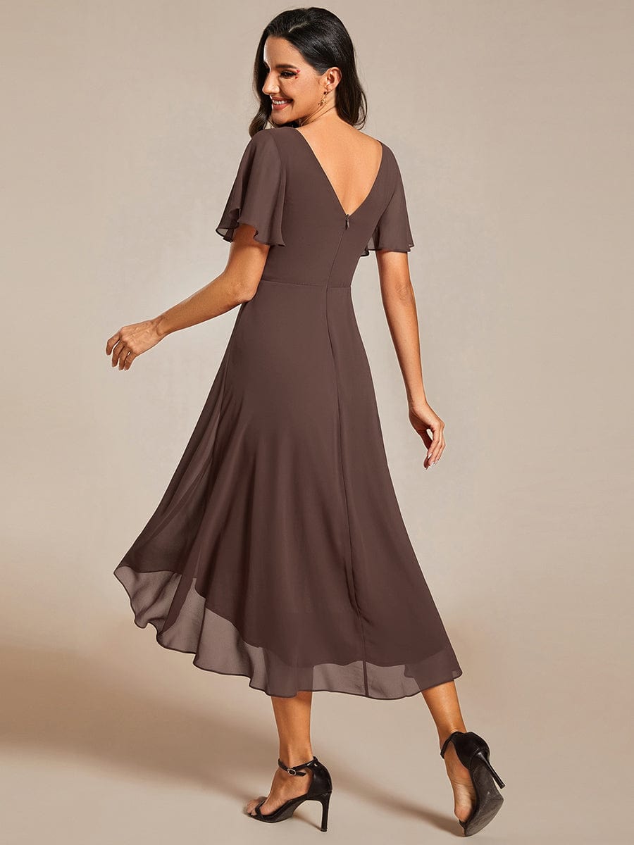 Chiffon High Low Wedding Guest Dress with V Neck and Short Sleeves 157