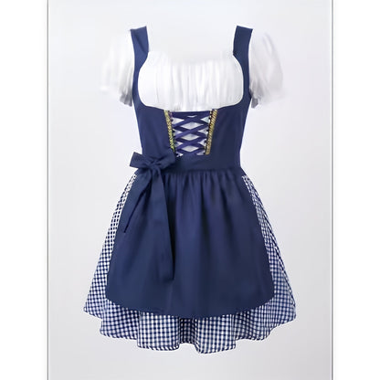 Navy blue version of the dirndl, front view, with white puff sleeves, lace-up bodice, bow-tied apron and checked skirt. 2