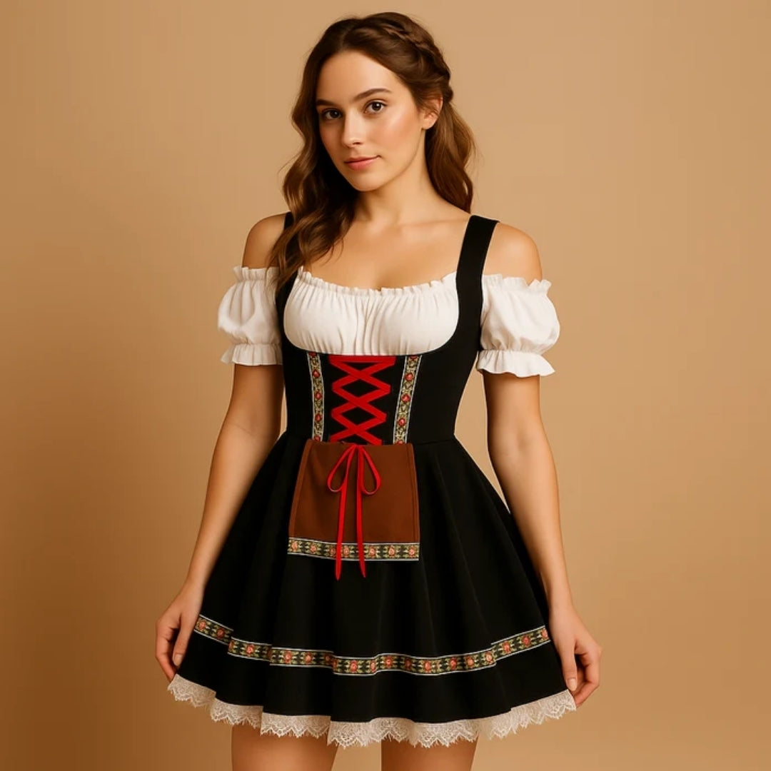 Model in a black off-the-shoulder dirndl with red criss-cross lacing, brown apron panel, floral ribbon trim and white lace hem. 7