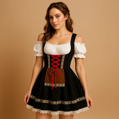Model in a black off-the-shoulder dirndl with red criss-cross lacing, brown apron panel, floral ribbon trim and white lace hem. 7