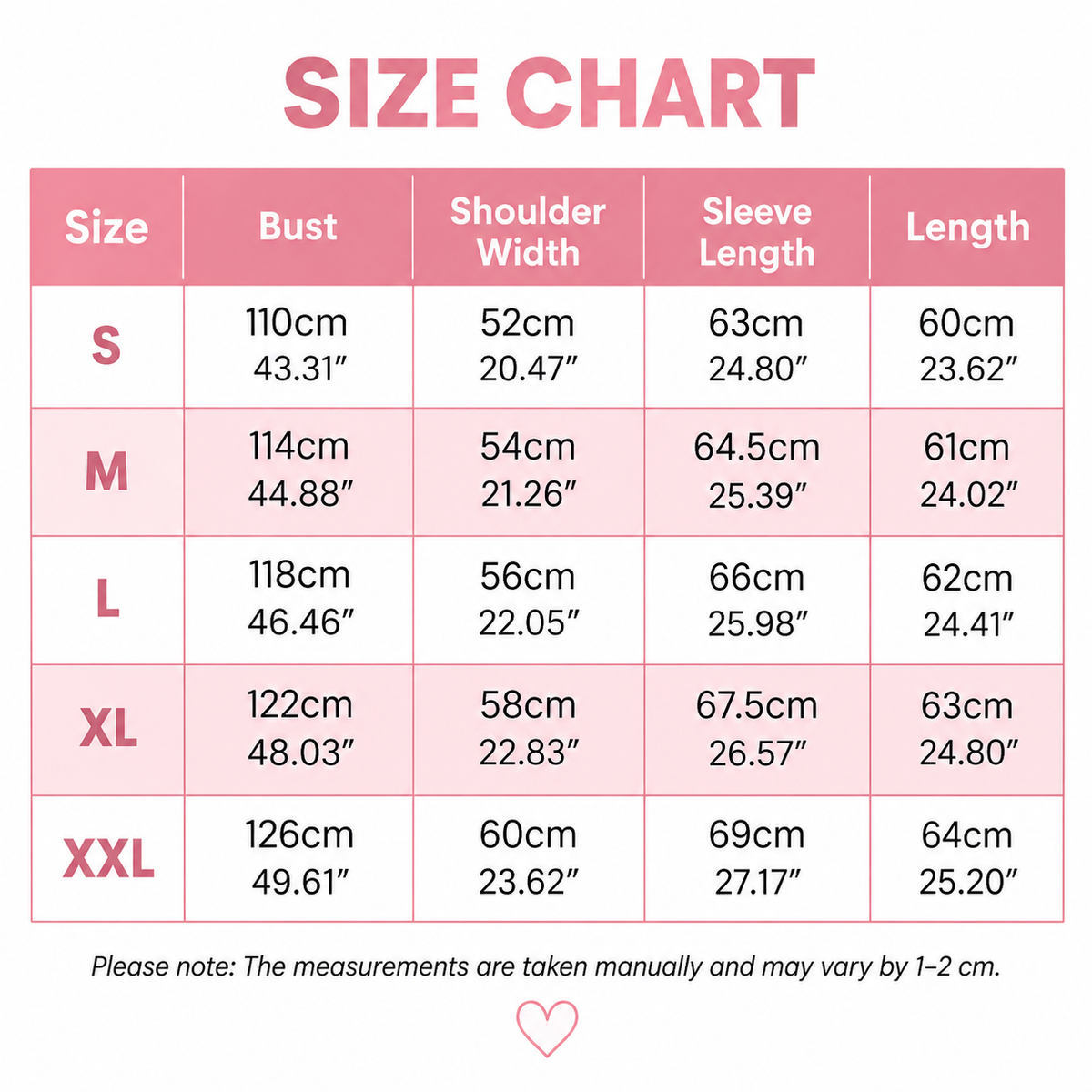 Pink size chart table listing bust, shoulder width, sleeve length and length in centimetres and inches for sizes S to XXL. 9