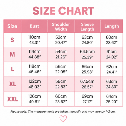 Pink size chart table listing bust, shoulder width, sleeve length and length in centimetres and inches for sizes S to XXL. 9