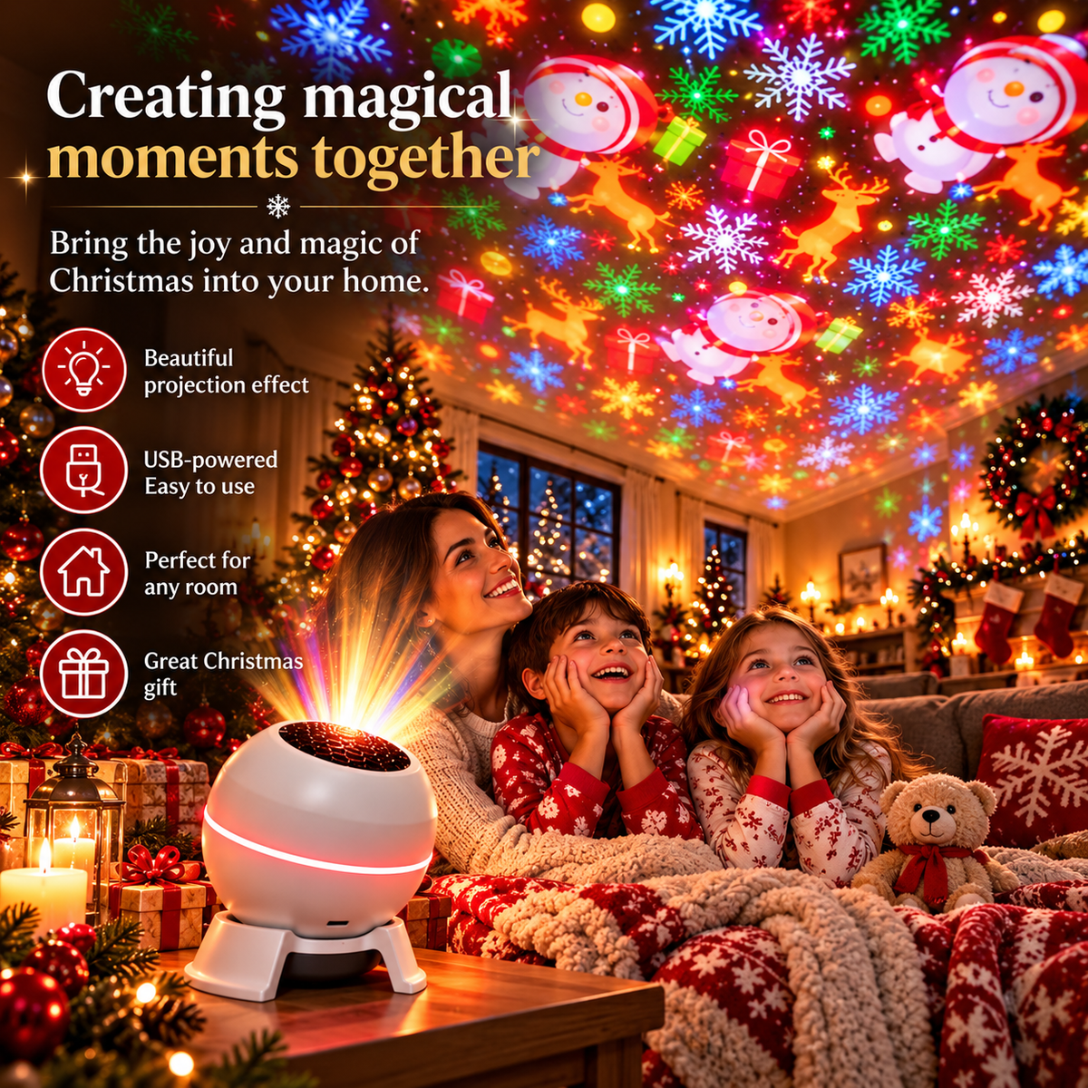 Mother and two children in Christmas pyjamas lying on a sofa, gazing up at festive motifs projected by the white sphere projector. 2