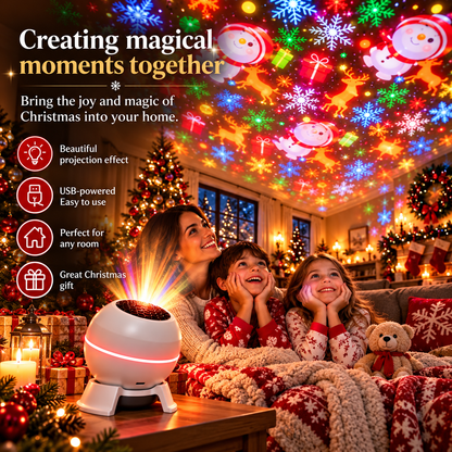 Mother and two children in Christmas pyjamas lying on a sofa, gazing up at festive motifs projected by the white sphere projector. 2