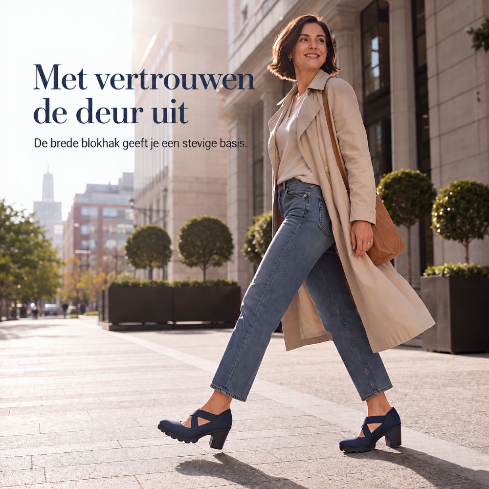 Woman in a beige trench coat and jeans walking along a city street in navy block heel Mary Janes. 3