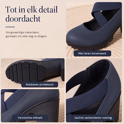 Four-panel detail collage of navy shoes showing the matt upper, rubber treaded sole, reinforced heel and soft lining. 5