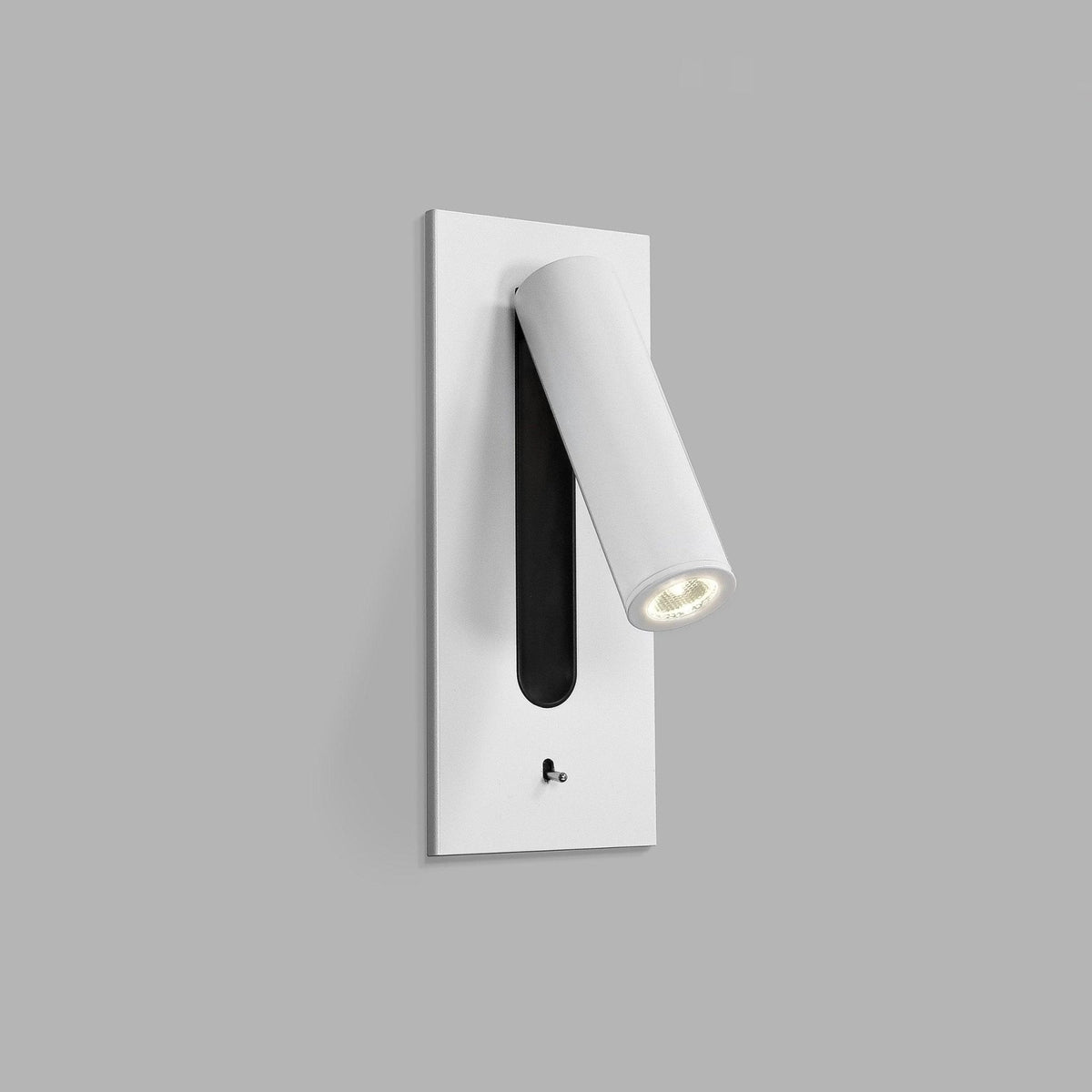 White recessed rectangular wall light with swivelling LED tube angled downwards and a small toggle switch 21