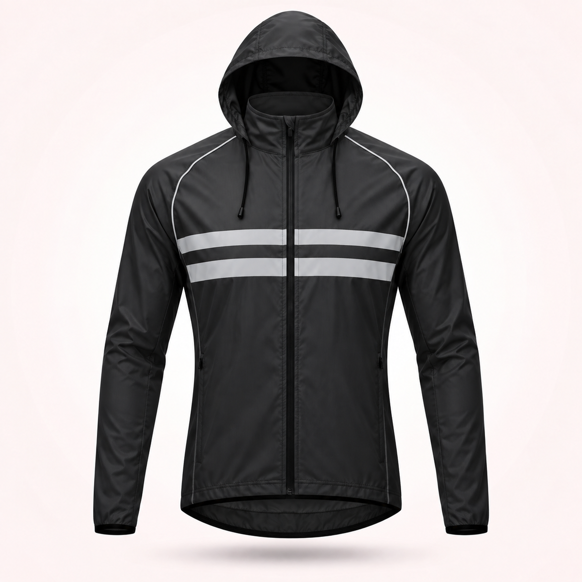 Front view of the black hooded version with drawcord hood, zipped hand pockets and two reflective chest stripes. 17