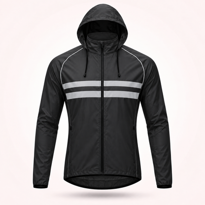 Front view of the black hooded version with drawcord hood, zipped hand pockets and two reflective chest stripes. 17