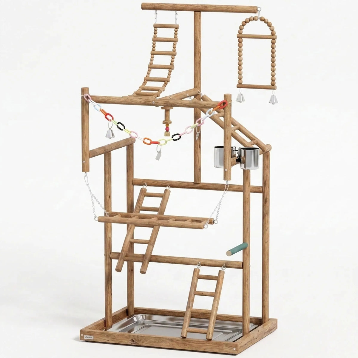 Wooden multi-level bird play stand on a plain white background, with ladders, a bead swing, bells, a coloured chain, steel cups and a tray. 1