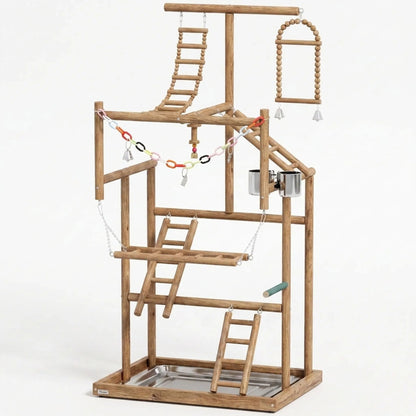 Wooden multi-level bird play stand on a plain white background, with ladders, a bead swing, bells, a coloured chain, steel cups and a tray. 1