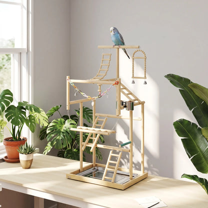 Play stand in a bright room among houseplants, with a blue budgerigar perched on the top bar and a colourful chain hanging below. 3