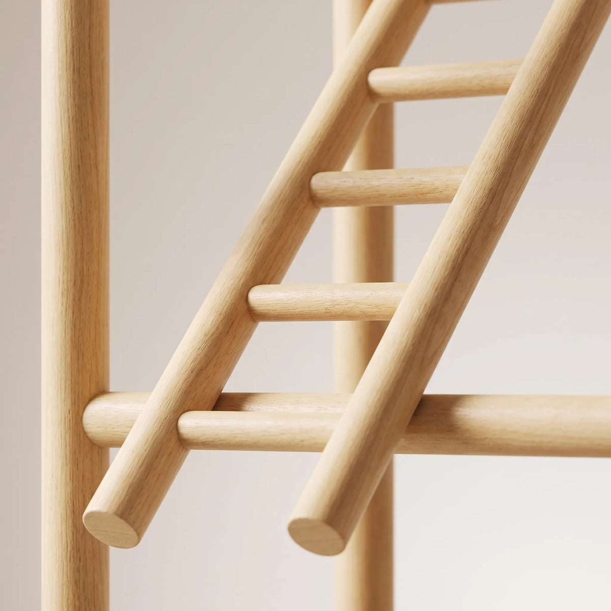 Close-up of the smooth, light wooden ladder rungs and round uprights, showing the grain of the timber. 4