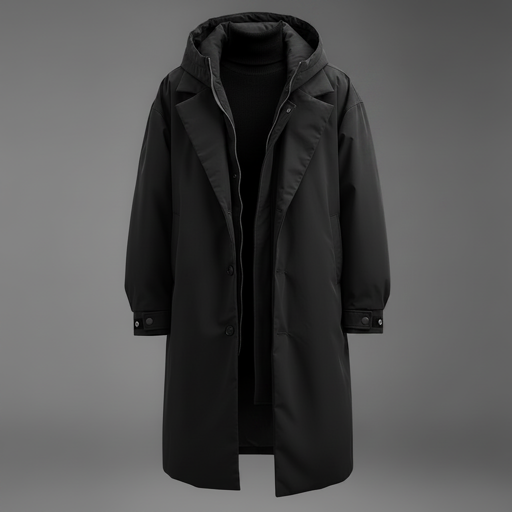 Black version of the long hooded coat shown unworn from the front, open to reveal a black roll-neck jumper beneath. 2