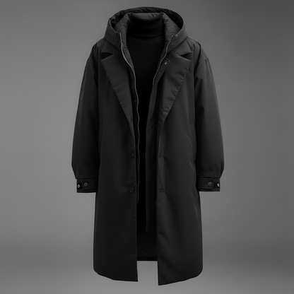 Black version of the long hooded coat shown unworn from the front, open to reveal a black roll-neck jumper beneath. 2