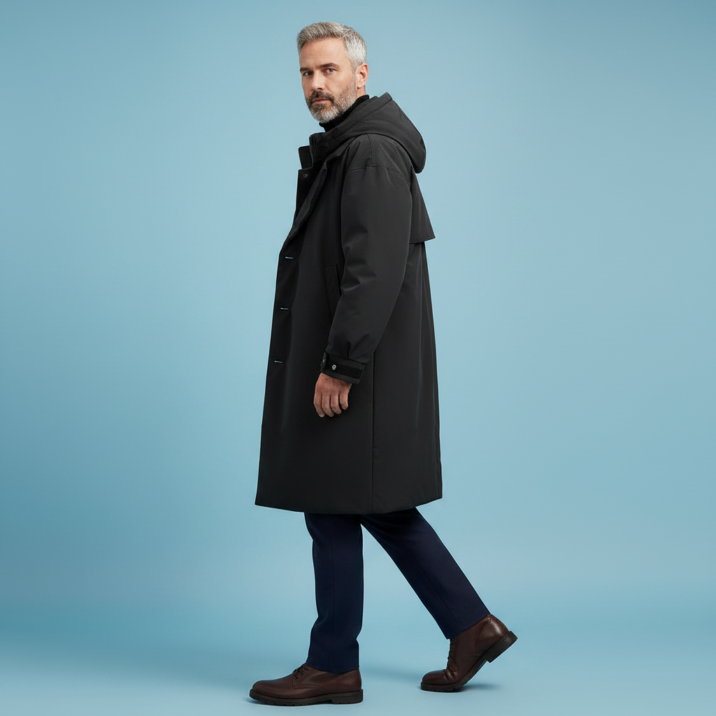 Side view of a model walking in the black hooded coat with brown leather shoes, showing the long length and hood. 6