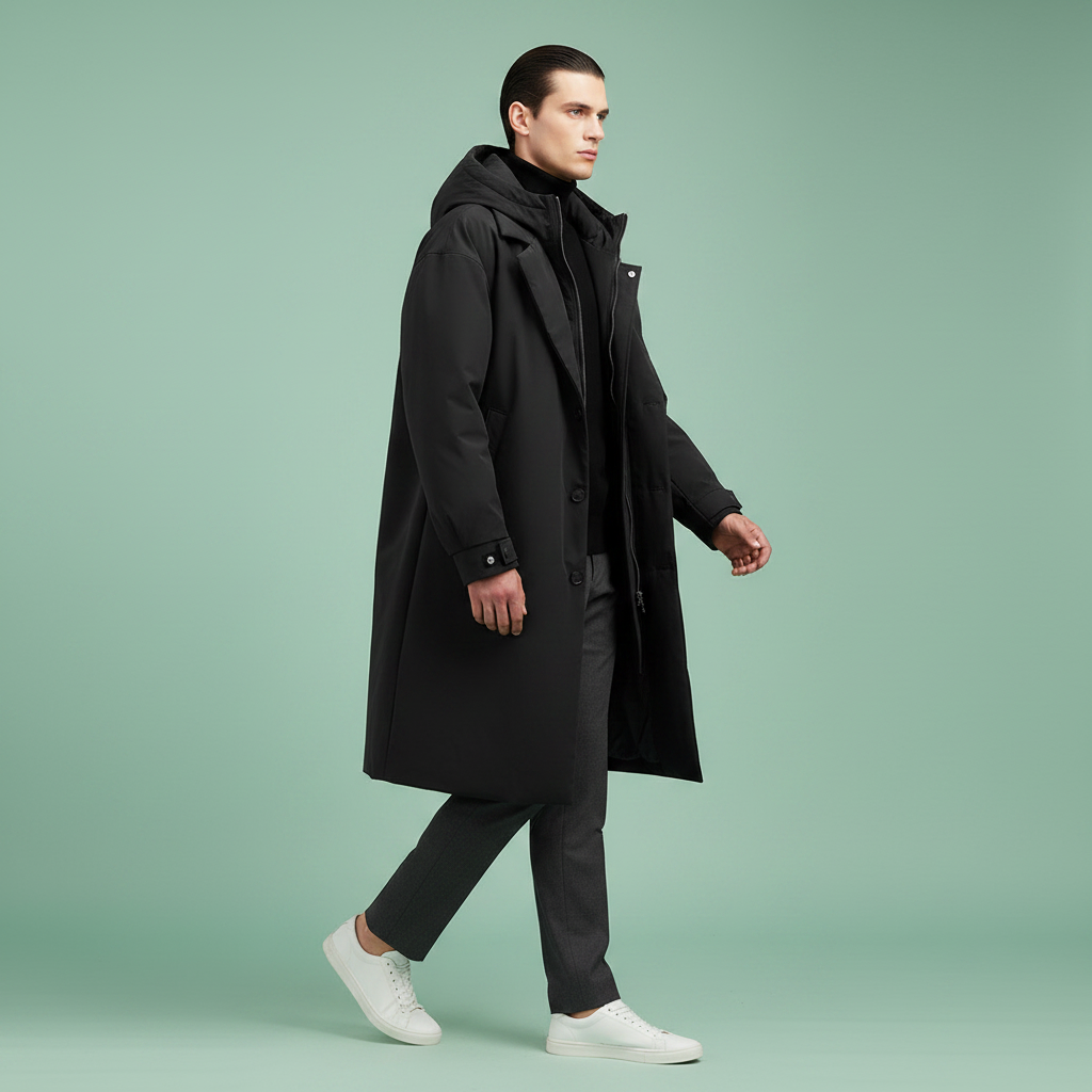 Model walking in the black hooded coat, worn open over dark trousers and white trainers, shown in profile. 7