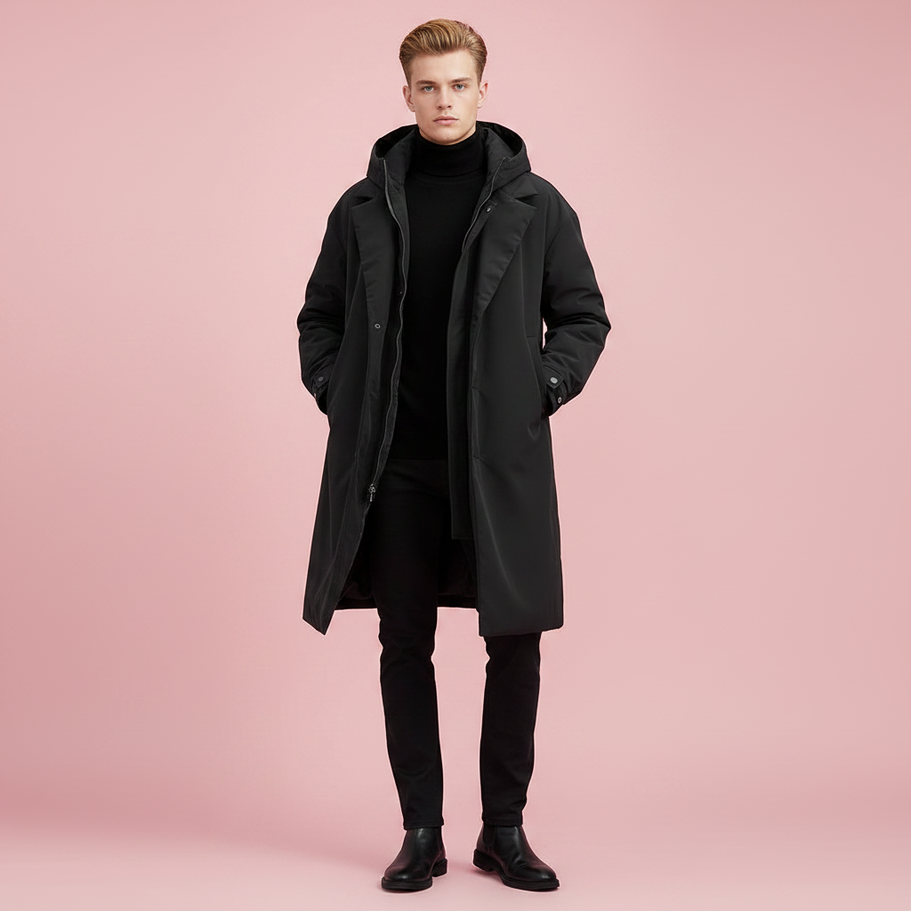 Model in the black hooded coat worn open over black roll-neck and trousers, hands in pockets, with black boots, full-length view. 3