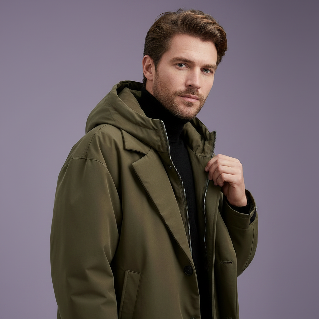 Model in the olive green hooded coat, half-turned and holding the zipped front placket, showing the wide lapels and hood. 5