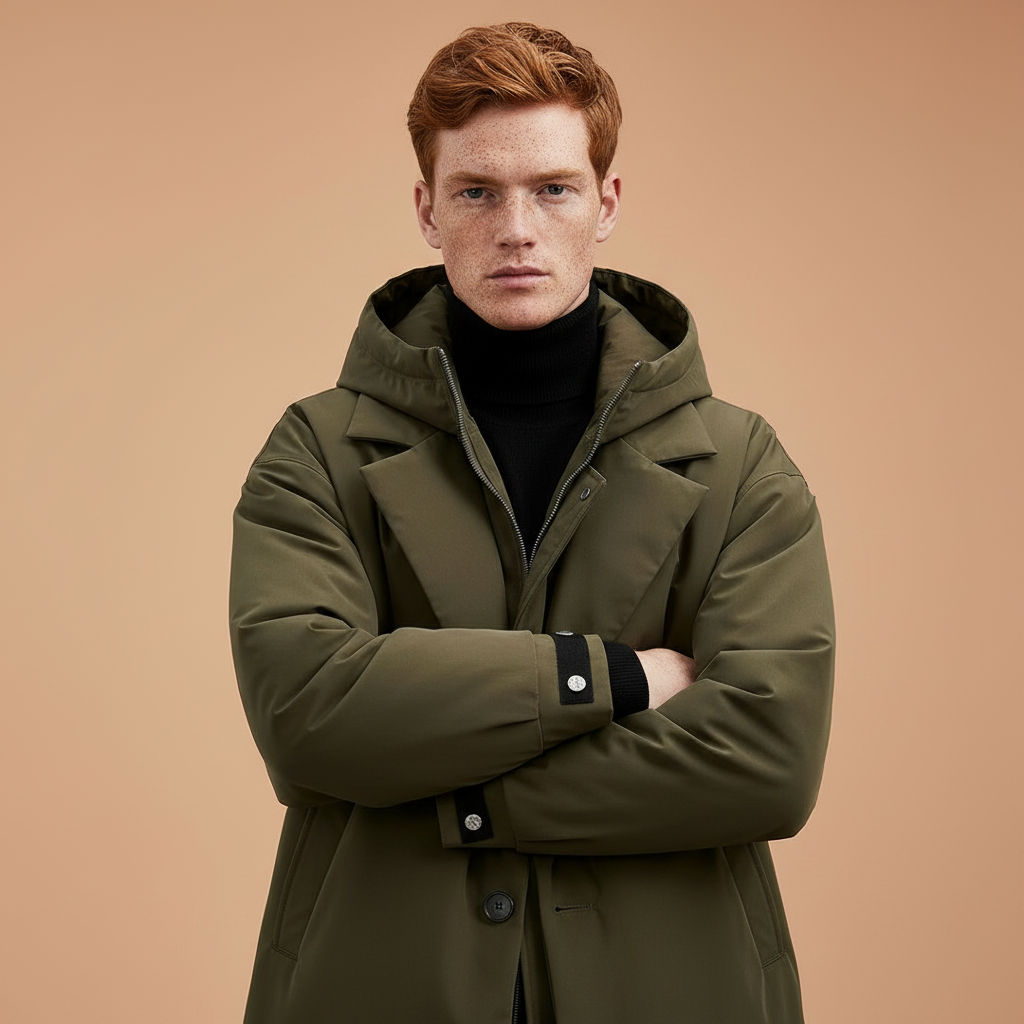 Close-up of a model in the olive green hooded coat with arms crossed, showing the cuff straps with snap fastenings. 4