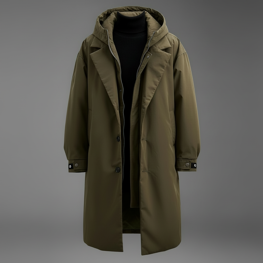 Olive green hooded coat shown unworn from the front, open over a black roll-neck jumper, with lapels, zip, buttons and cuff straps. 1