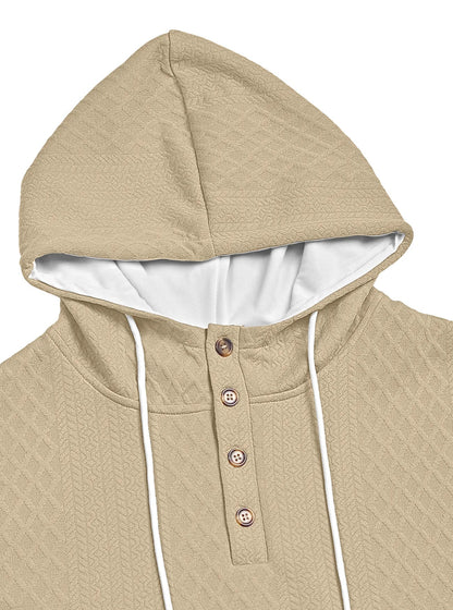 Flat lay close-up of the beige hoodie's hood, white drawstrings and four-button placket 23