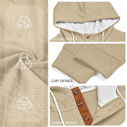 Beige hoodie detail collage showing fabric texture, collar, cuff and button placket stitching 24