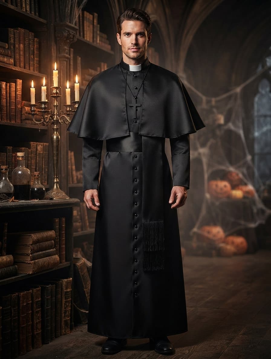 Man wearing the black priest robe, cape, white collar and cross necklace in a candlelit, cobwebbed Halloween library 1