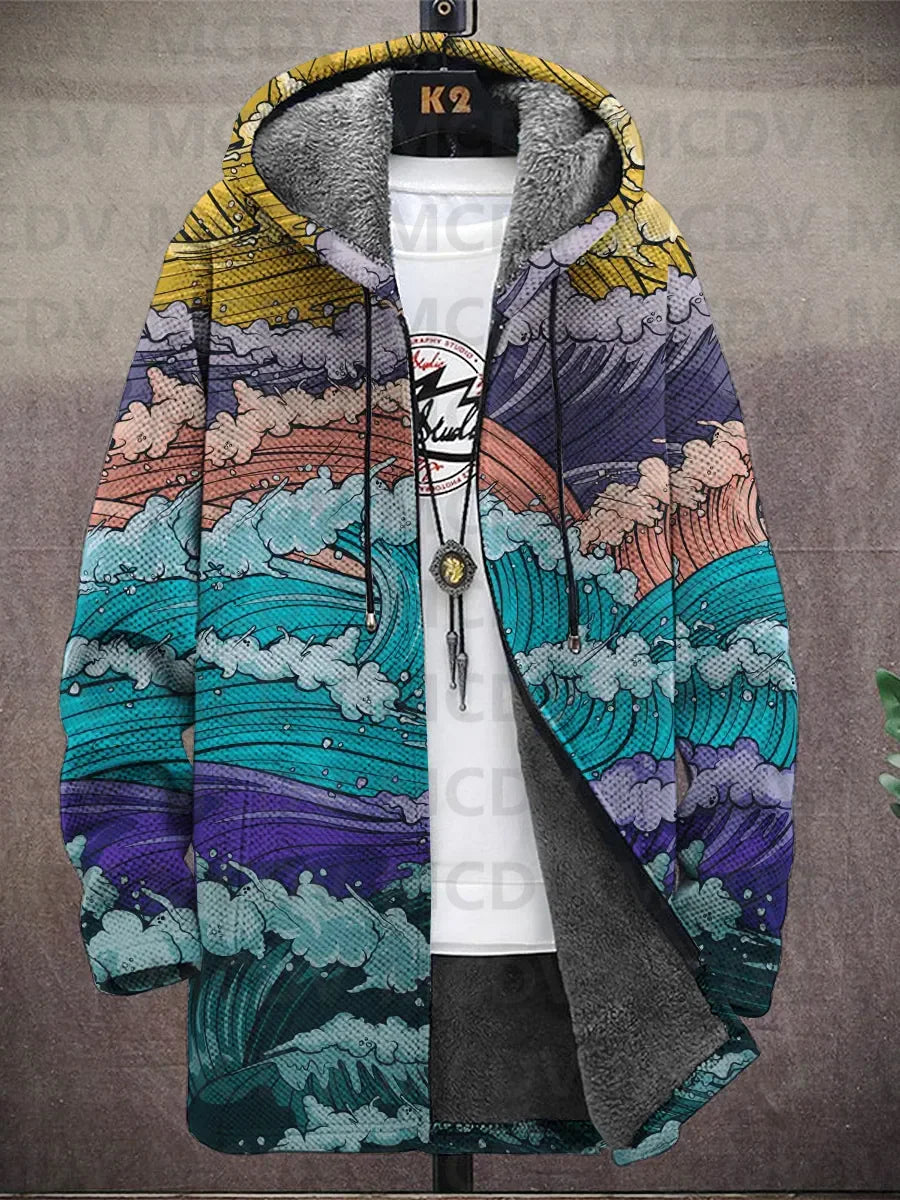 Front view with a stylised ocean-wave scene in teal, purple, peach and yellow 10