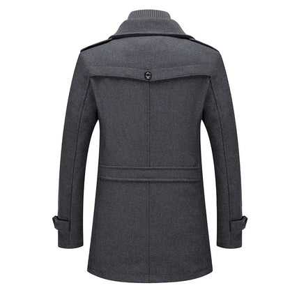 Back view of the grey overcoat showing the yoke with a single button and a waist strap 2