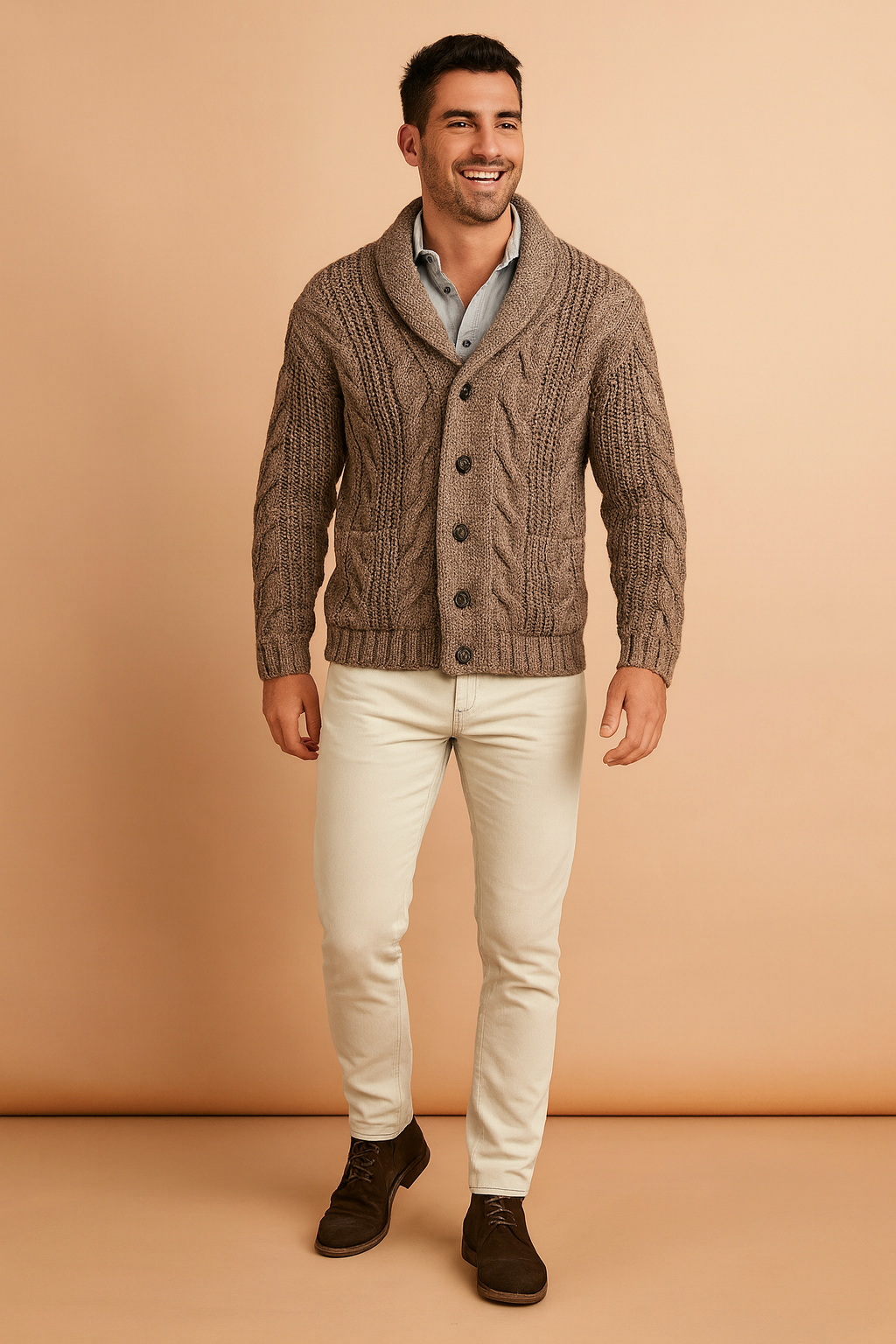 Full-length view of the brown cable-knit cardigan worn with cream trousers, a pale blue shirt and dark brown suede boots. 4