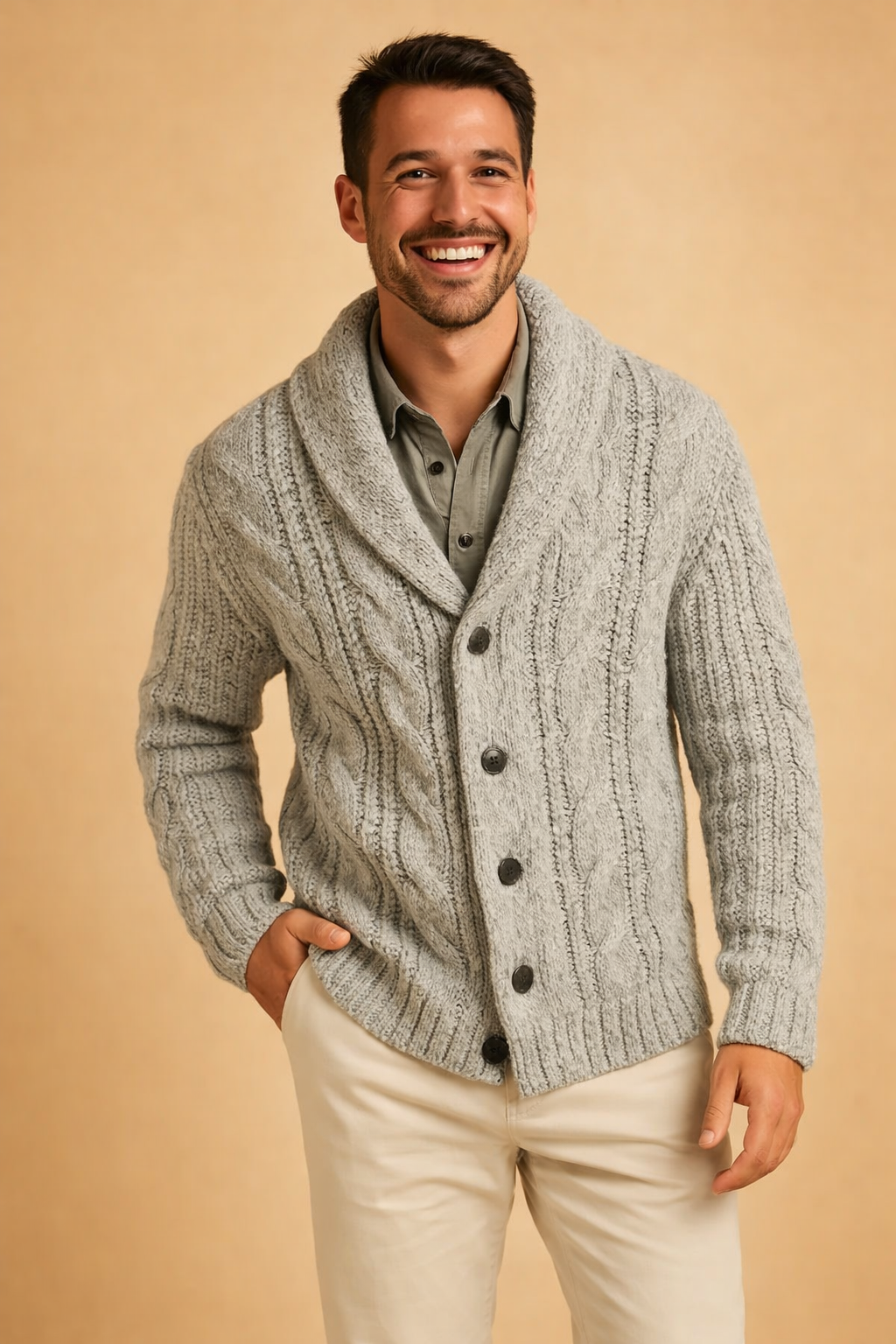 Smiling model in the light grey chunky cable-knit cardigan, buttoned up, with one hand in the pocket of cream trousers. 7