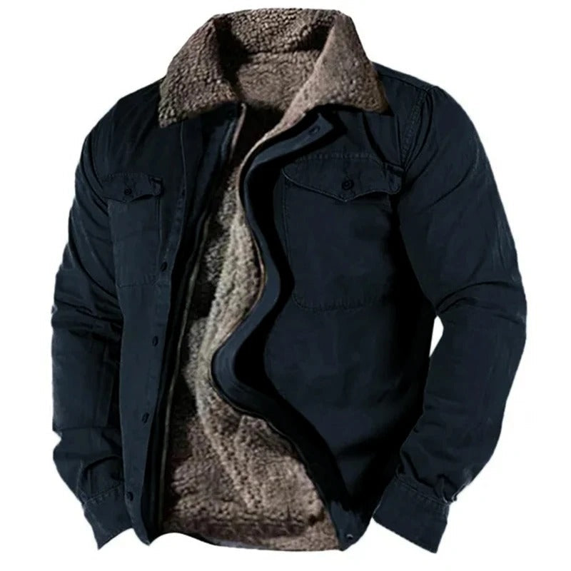 Dark navy version of the jacket, partly unzipped to reveal fleece lining and collar 6