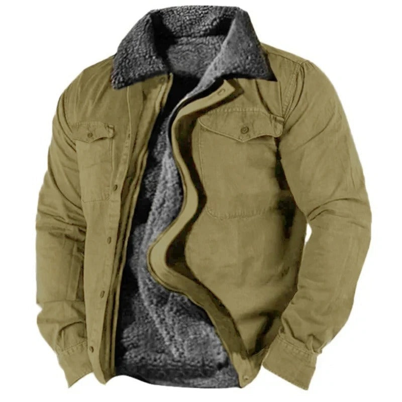 Olive-khaki version of the jacket, partly unzipped to reveal grey fleece lining and collar 7