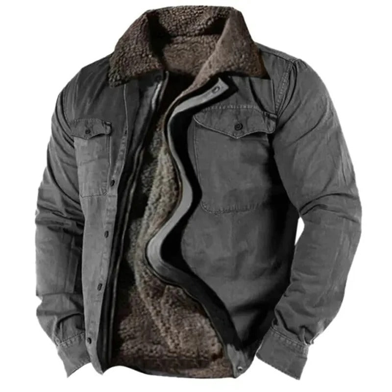 Grey version of the jacket, partly unzipped to reveal brown fleece lining and collar 8